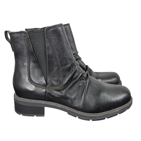 Clarks Hearth Rose Boots Womens 11 Black Leather Ankle Side Zip Ruched Lug Sole - Picture 1 of 11